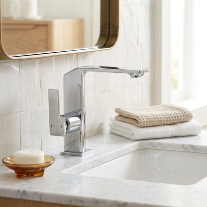 Lagomel waterfall single-handle faucet and drain set, set in a Modern/Contemporary bathroom