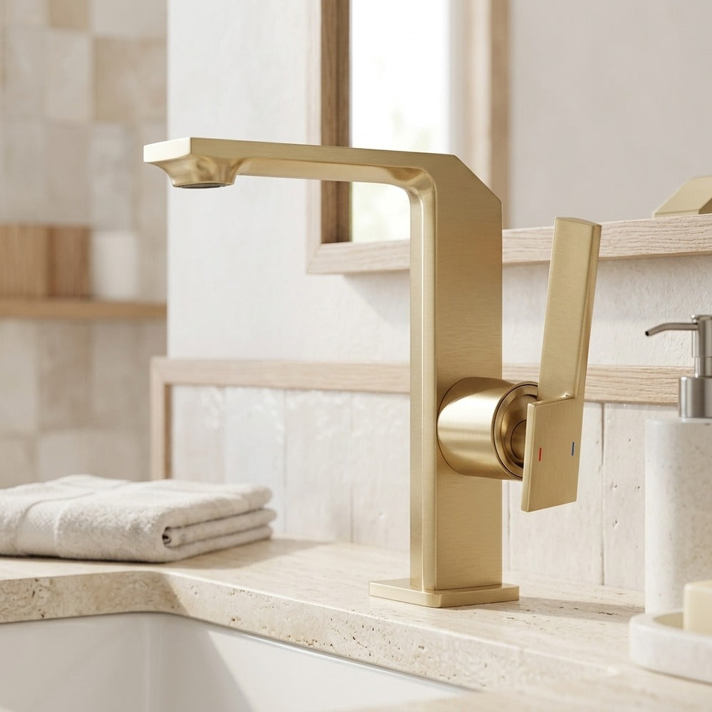 Lagomel waterfall single-handle faucet and drain set, set in a Modern/Contemporary bathroom