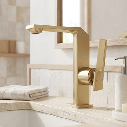 Lagomel waterfall single-handle faucet and drain set, set in a Modern/Contemporary bathroom