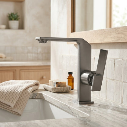 Lagomel waterfall single-handle faucet and drain set, set in a Modern/Contemporary bathroom
