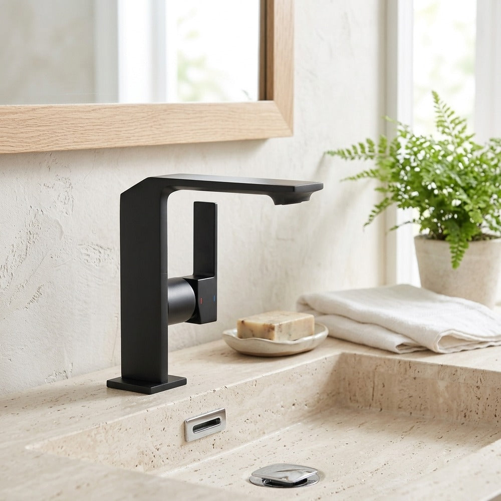 Lagomel waterfall single-handle faucet and drain set, set in a Modern/Contemporary bathroom