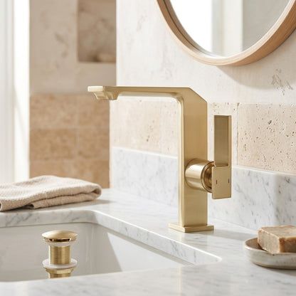 Lagomel waterfall single-handle faucet and drain set, set in a Modern/Contemporary bathroom