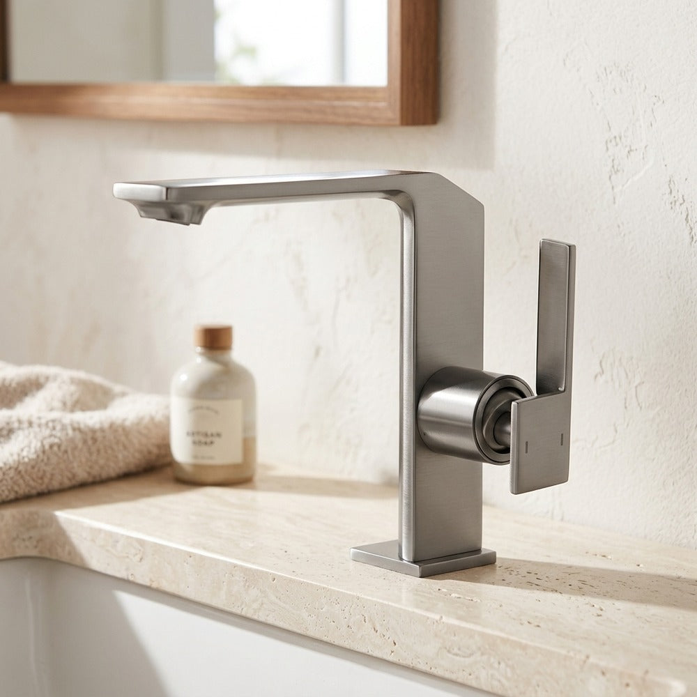 Lagomel waterfall single-handle faucet and drain set, set in a Modern/Contemporary bathroom