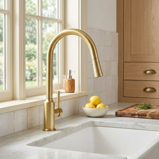 Lagomel single-hole single-handle pull-down kitchen faucet in brushed gold, two-tone / mixed finish, set in a Modern/Contemporary kitchen