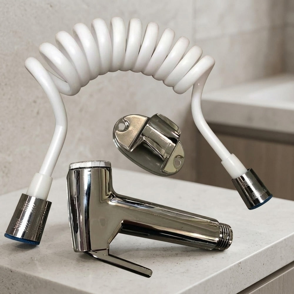 Lagomel wall-mounted bidet attachment in chrome, matte white, set in a Modern/Contemporary bathroom