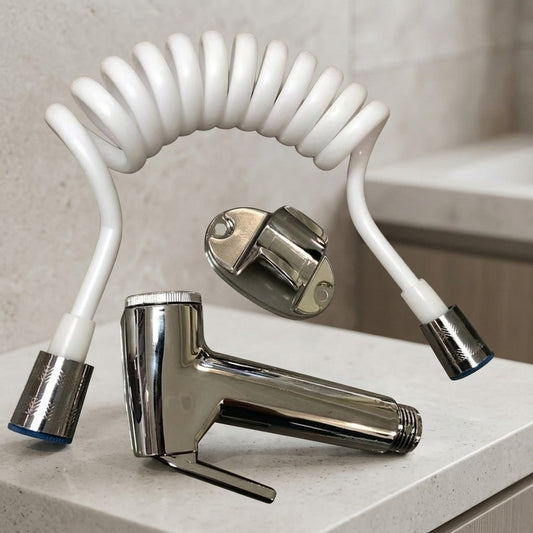 Lagomel wall-mounted bidet attachment in chrome, matte white, set in a Modern/Contemporary bathroom