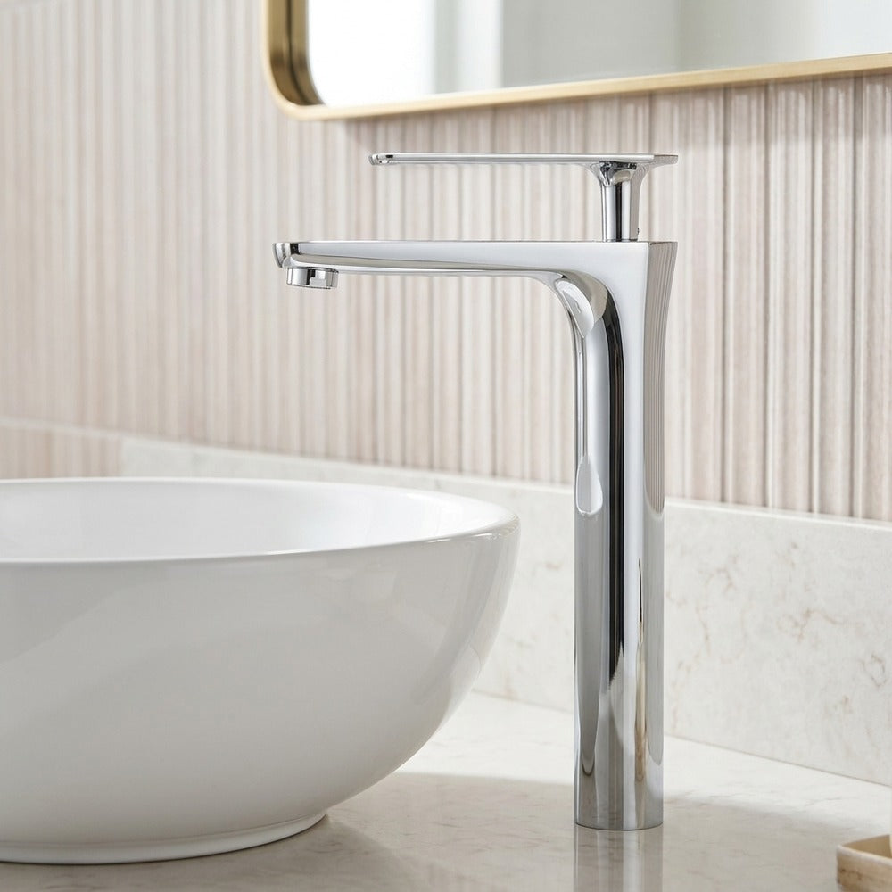 Lagomel vessel sink single-hole bathroom faucet in chrome, matte black, brushed gold, gunmetal, two-tone / mixed, set in a Modern/Contemporary bathroom