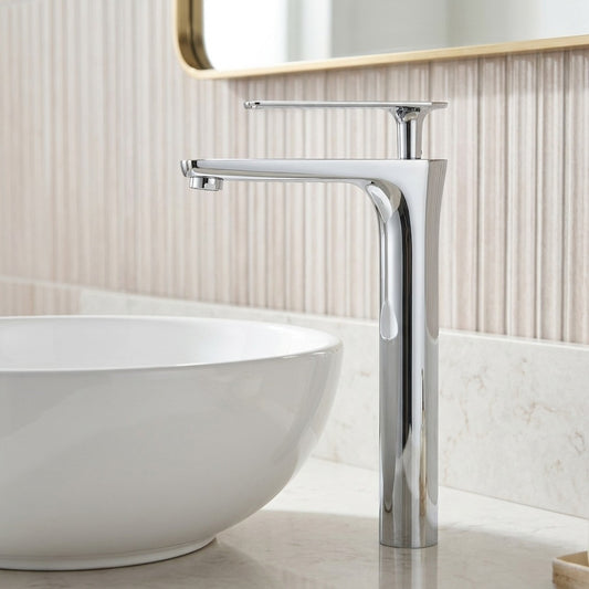 Lagomel vessel sink single-hole bathroom faucet in chrome, matte black, brushed gold, gunmetal, two-tone / mixed, set in a Modern/Contemporary bathroom