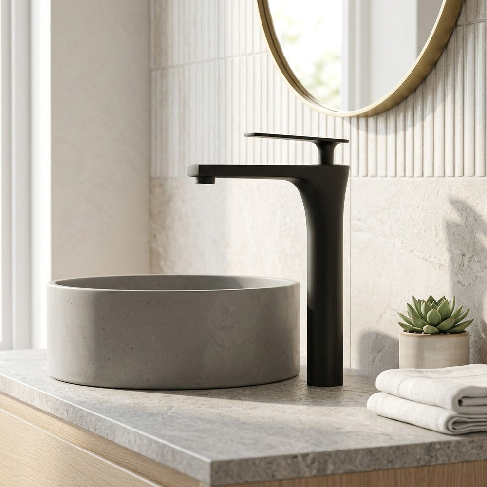Lagomel vessel sink single-hole bathroom faucet, set in a Modern/Contemporary bathroom