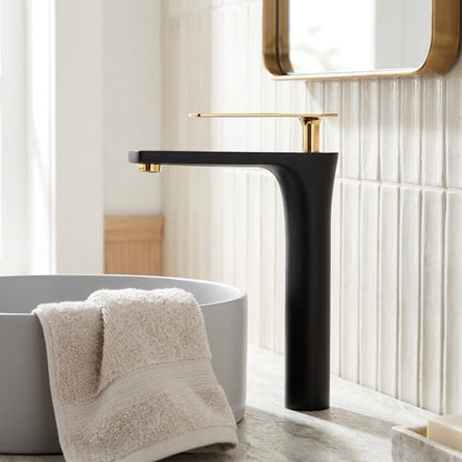 Lagomel vessel sink single-hole bathroom faucet, set in a Modern/Contemporary bathroom