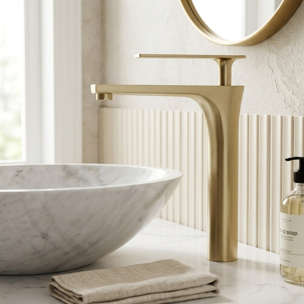 Lagomel vessel sink single-hole bathroom faucet, set in a Modern/Contemporary bathroom