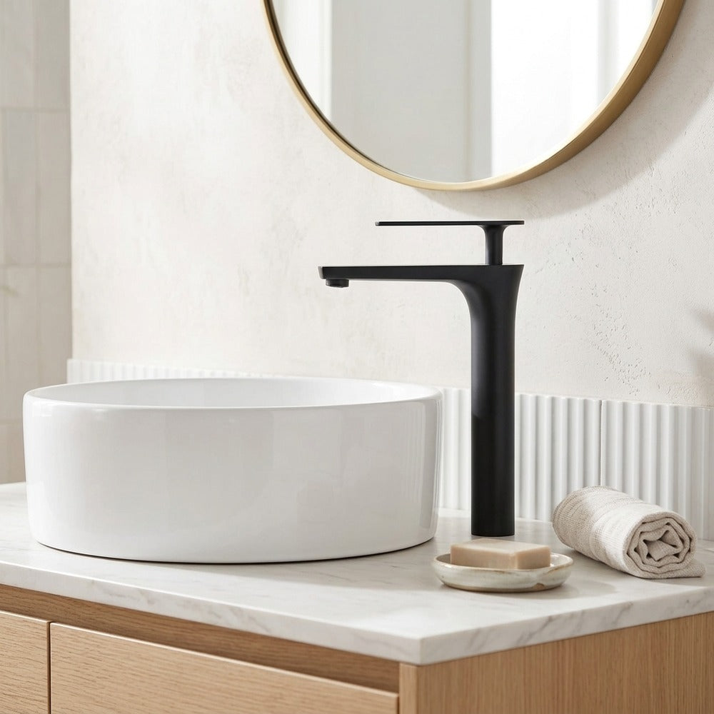 Lagomel vessel sink single-hole bathroom faucet, set in a Modern/Contemporary bathroom