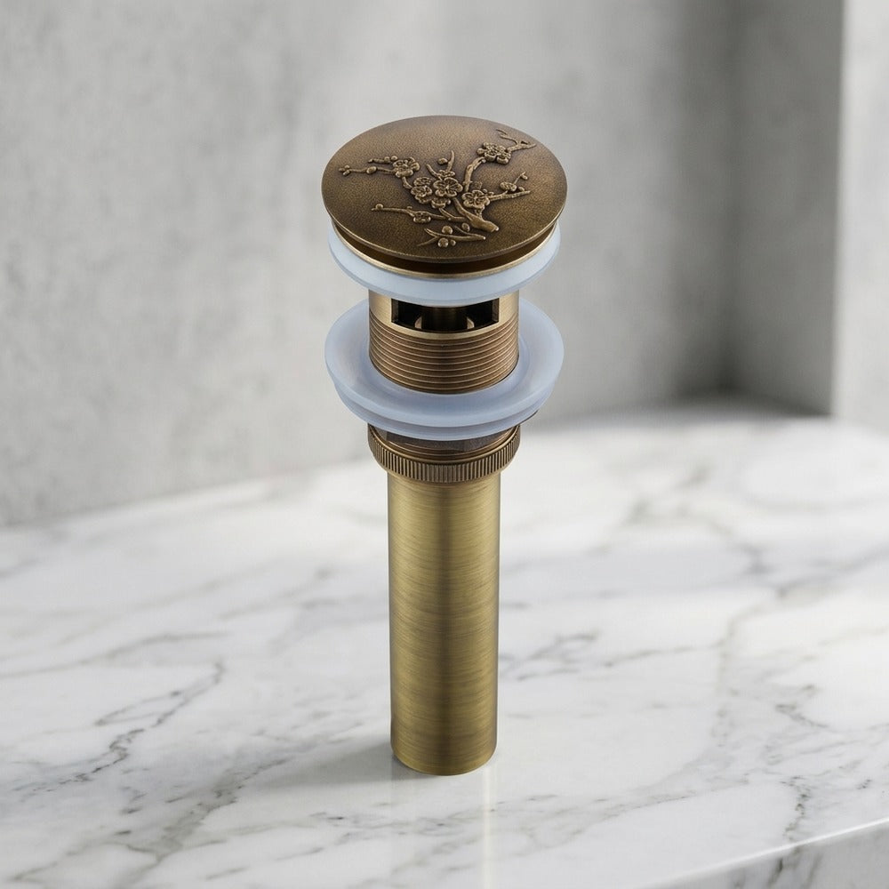Antique Brass Engraved Bathroom Sink Pop-Up Drain, Solid Brass Vanity Basin Drain Assembly, With / Without Overflow