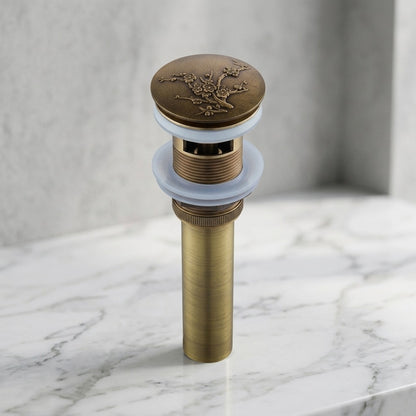 Antique Brass Engraved Bathroom Sink Pop-Up Drain, Solid Brass Vanity Basin Drain Assembly, With / Without Overflow
