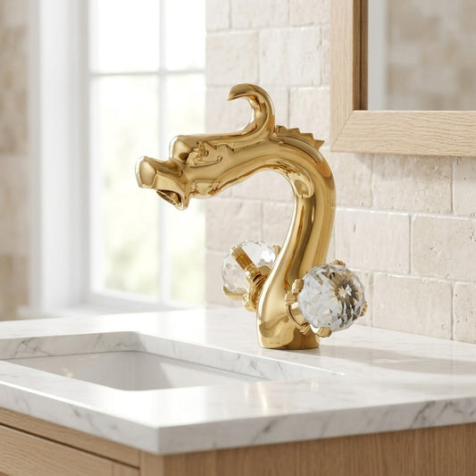 Lagomel single-hole bathroom faucet in antique brass, chrome, matte black, polished gold, two-tone / mixed finish, set in a Traditional/Classic/Vintage/Retro bathroom