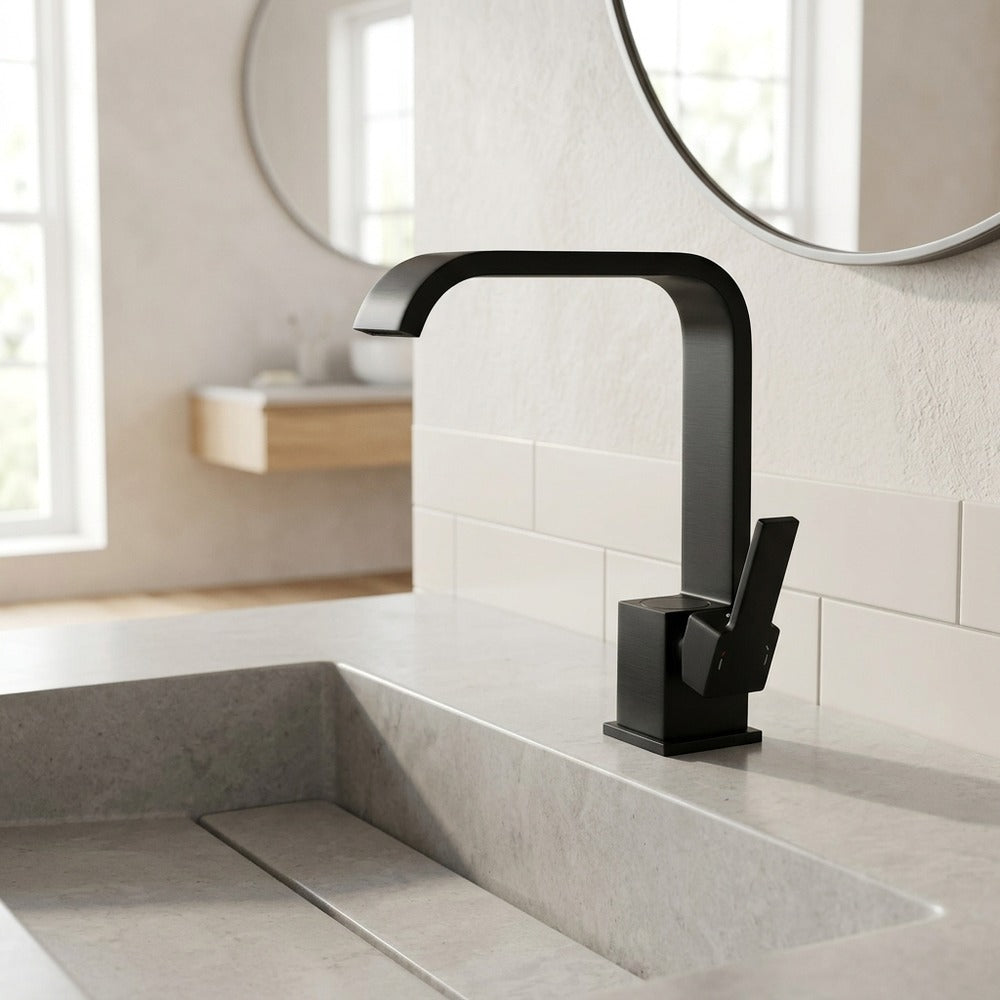 Lagomel waterfall single-hole bathroom faucet in matte black, matte white, gunmetal, set in a Modern/Minimalist bathroom