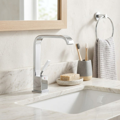 Lagomel waterfall single-hole bathroom faucet, set in a Modern/Minimalist bathroom