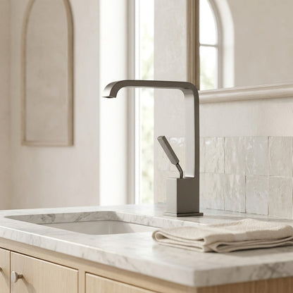 Lagomel waterfall single-hole bathroom faucet, set in a Modern/Minimalist bathroom