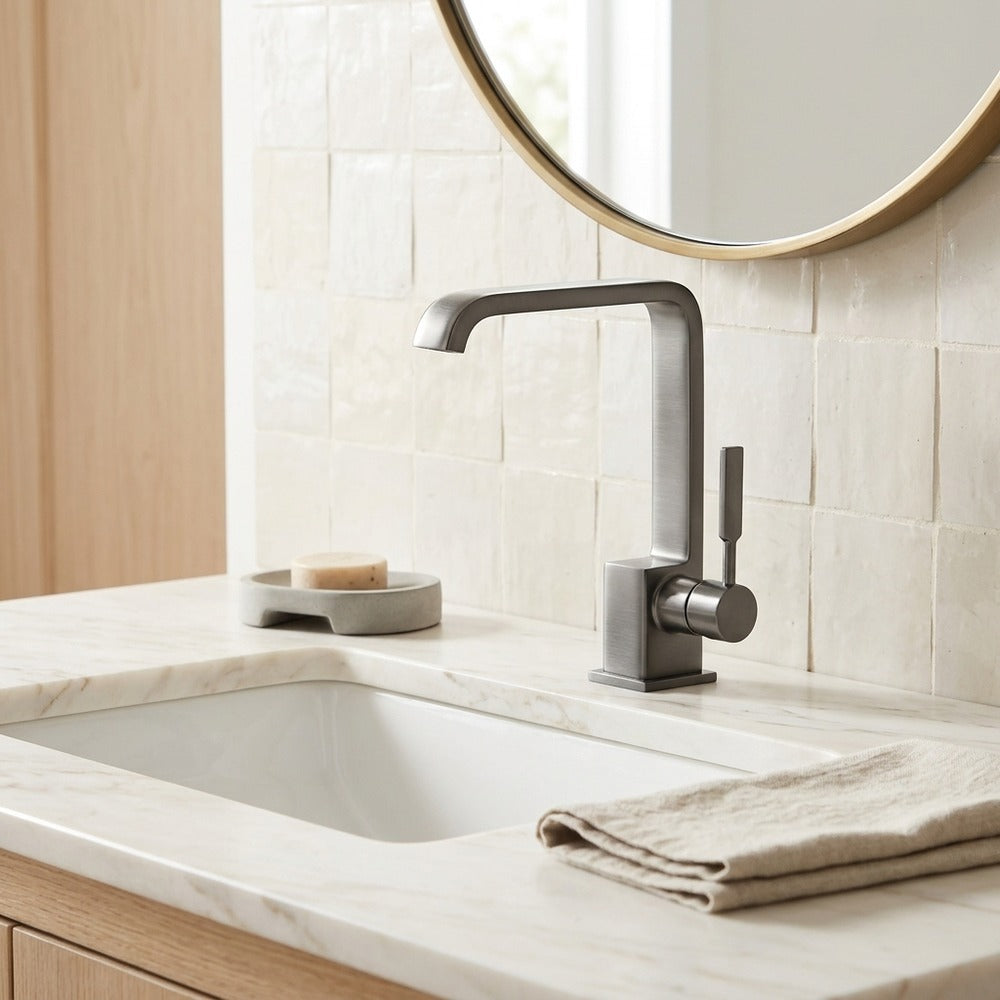 Lagomel waterfall single-hole bathroom faucet, set in a Modern/Minimalist bathroom