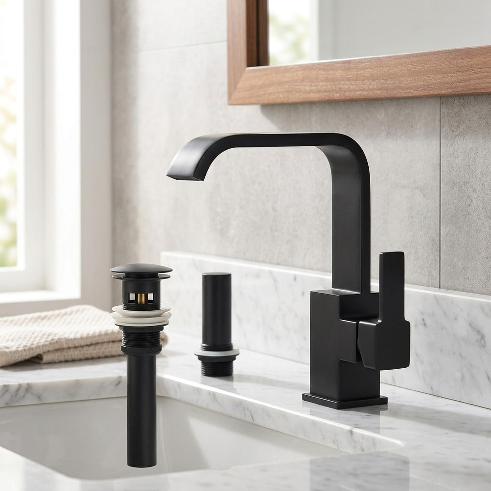 Lagomel waterfall single-hole bathroom faucet, set in a Modern/Minimalist bathroom