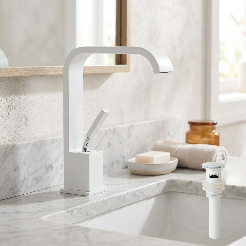 Lagomel waterfall single-hole bathroom faucet, set in a Modern/Minimalist bathroom