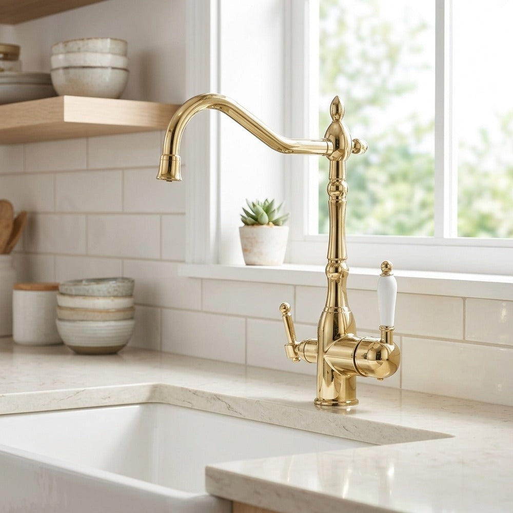 Lagomel two-handle kitchen faucet in antique brass, chrome, matte black, polished gold, set in a Vintage/Retro kitchen