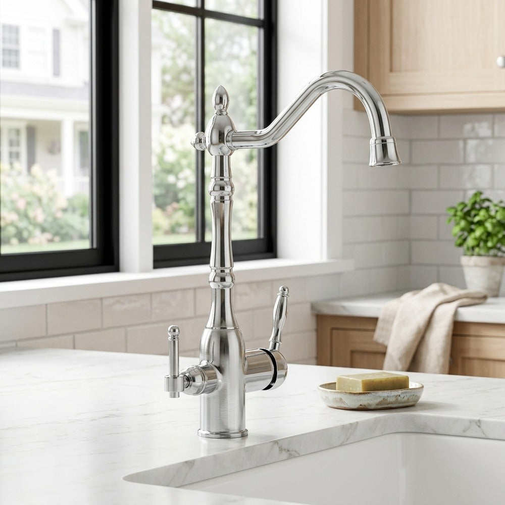 Lagomel two-handle kitchen faucet, set in a Vintage/Retro kitchen