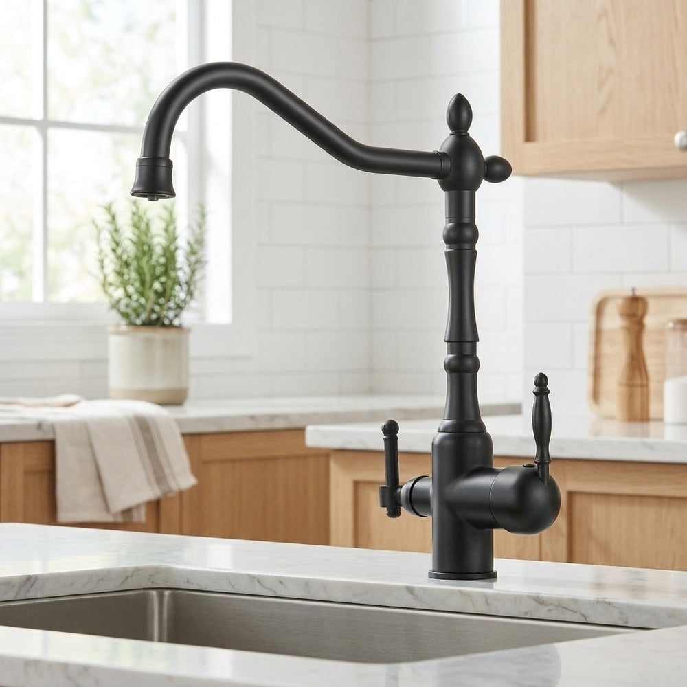 Lagomel two-handle kitchen faucet, set in a Vintage/Retro kitchen