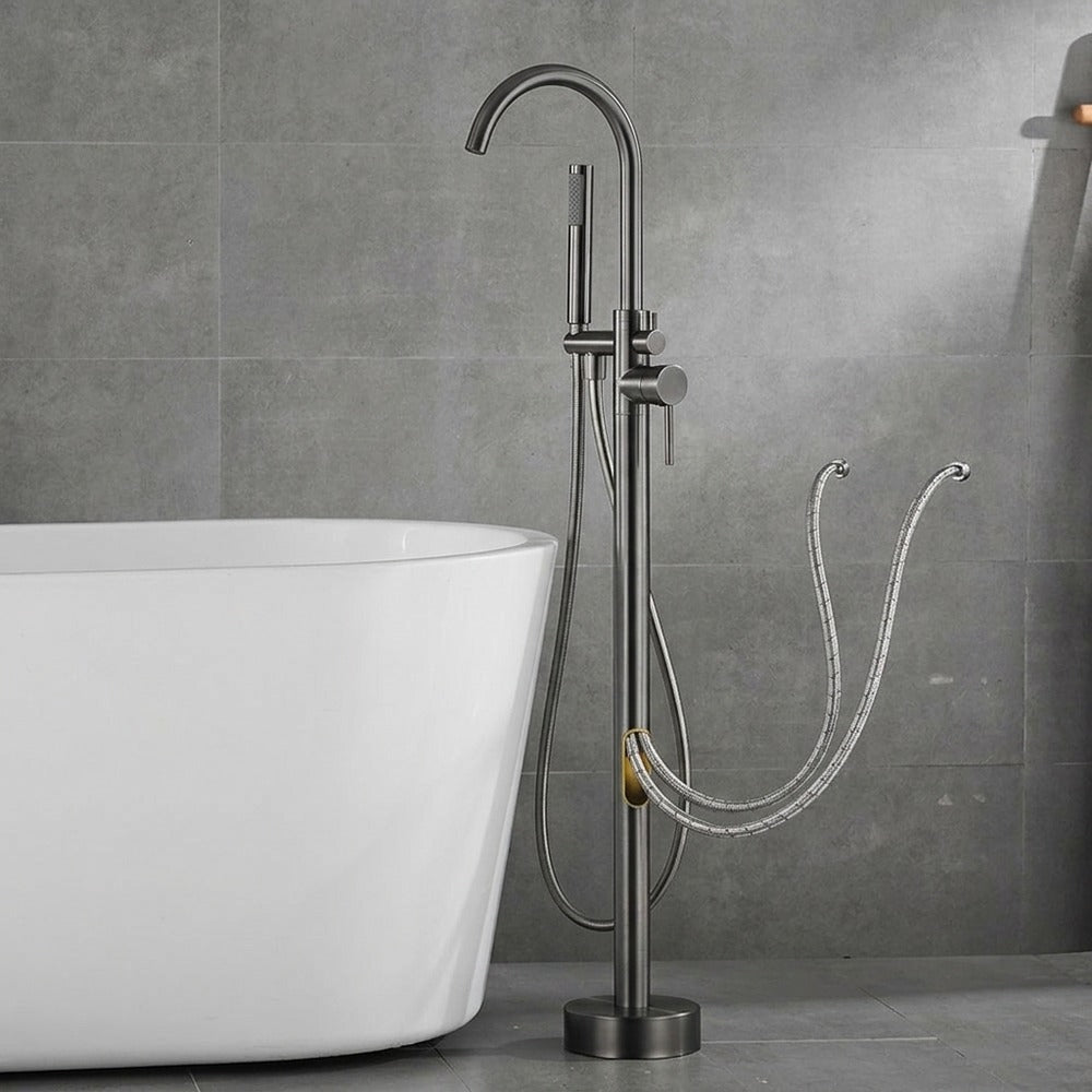 Lagomel single-handle freestanding tub filler in gunmetal, set in a Contemporary/Modern bathroom