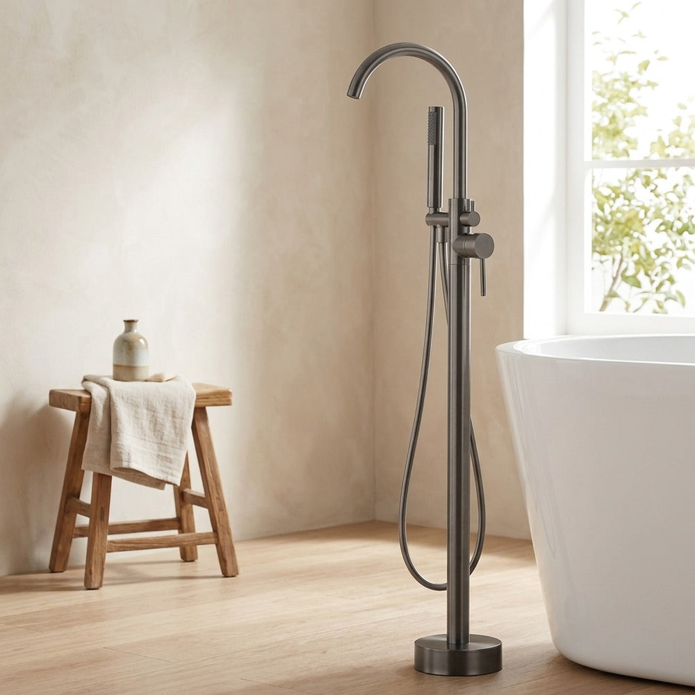 Lagomel single-handle freestanding tub filler, set in a Modern/Contemporary bathroom