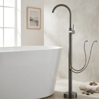 Lagomel single-handle freestanding tub filler in gunmetal, set in a Contemporary/Modern bathroom