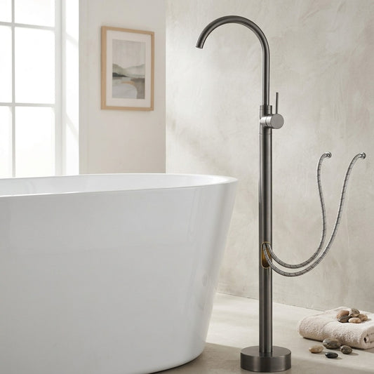 Lagomel single-handle freestanding tub filler in gunmetal, set in a Contemporary/Modern bathroom