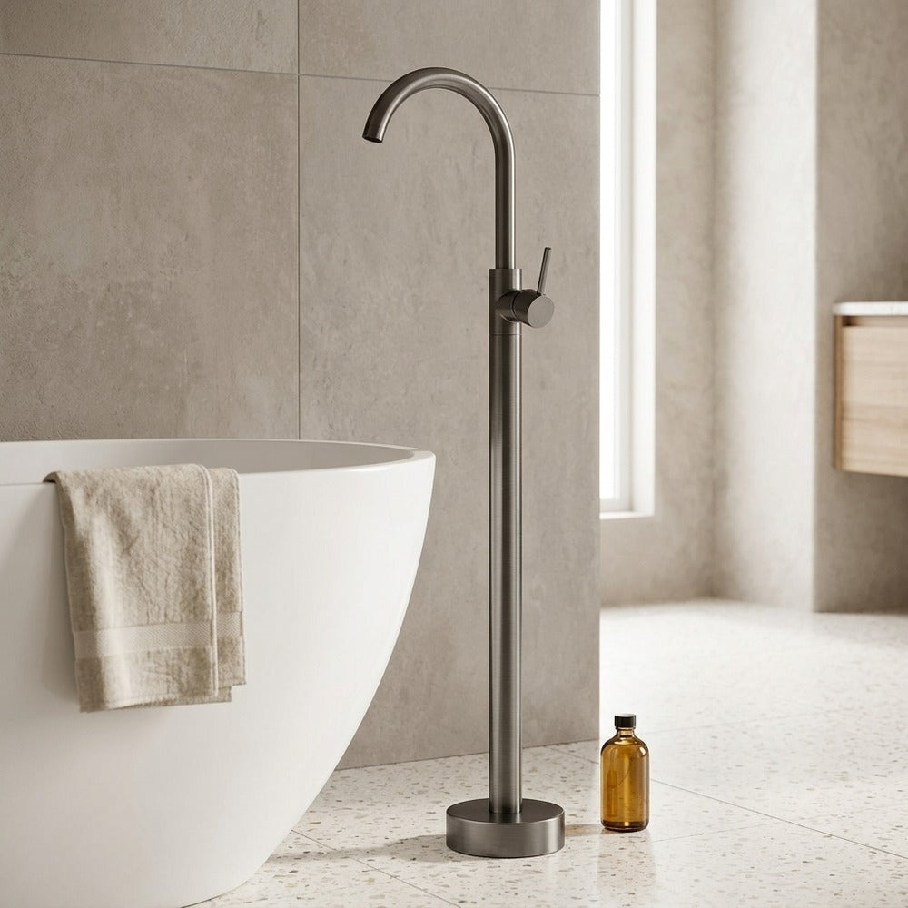 Lagomel single-handle freestanding tub filler, set in a Modern/Contemporary bathroom