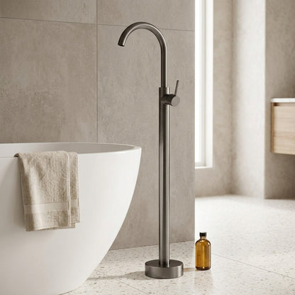 Lagomel single-handle freestanding tub filler, set in a Modern/Contemporary bathroom