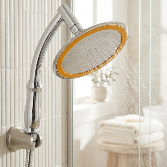 Lagomel hand shower in chrome, electroplated, set in a Contemporary bathroom