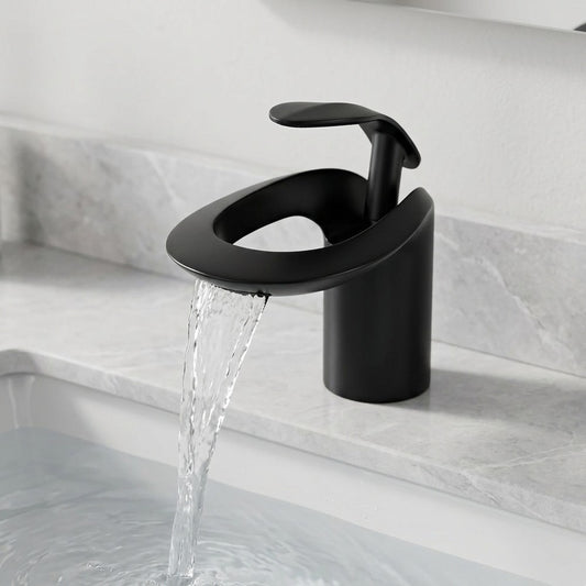 Lagomel waterfall single-hole bathroom faucet in matte black, chrome, gunmetal, brushed nickel, matte white, brushed gold,, set in a Modern/Contemporary bathroom