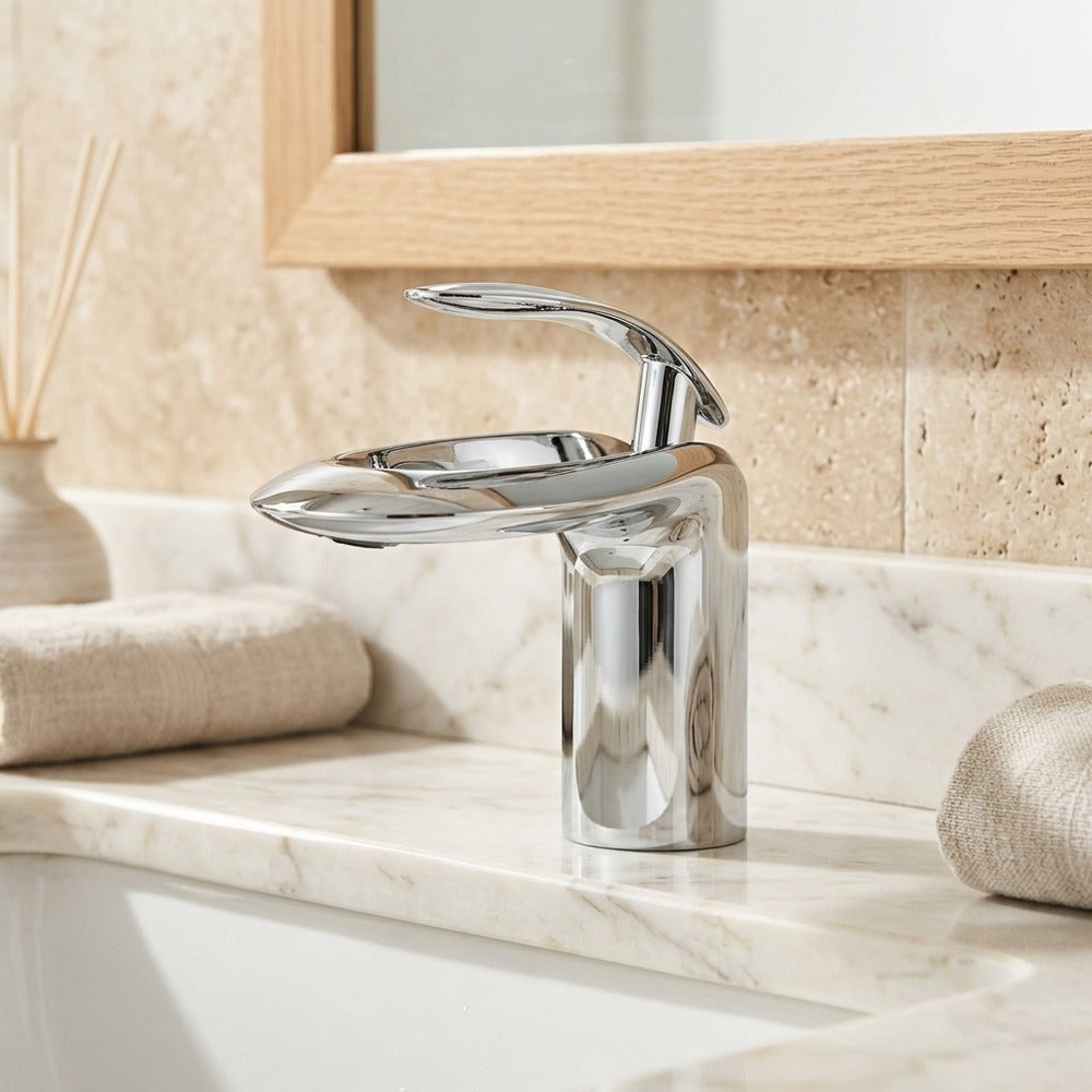 Lagomel waterfall single-hole bathroom faucet, set in a Modern/Minimalist bathroom