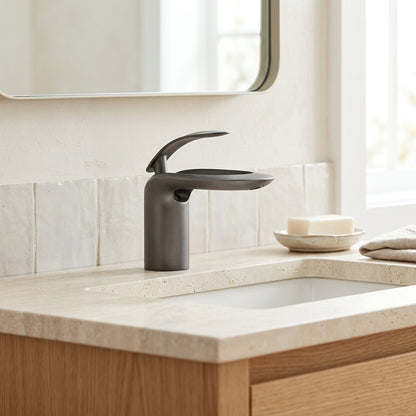 Lagomel waterfall single-hole bathroom faucet, set in a Modern/Minimalist bathroom