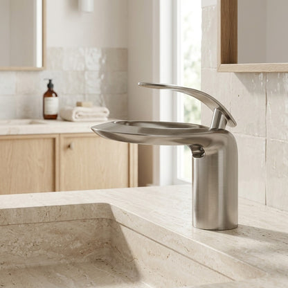 Lagomel waterfall single-hole bathroom faucet, set in a Modern/Minimalist bathroom