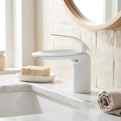 Lagomel waterfall single-hole bathroom faucet, set in a Modern/Minimalist bathroom