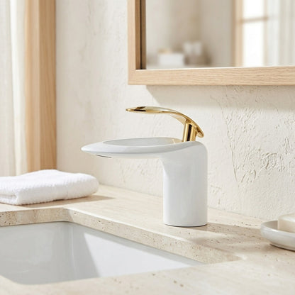 Lagomel waterfall single-hole bathroom faucet, set in a Modern/Minimalist bathroom