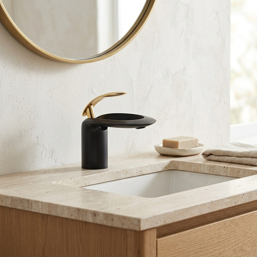 Lagomel waterfall single-hole bathroom faucet, set in a Modern/Minimalist bathroom