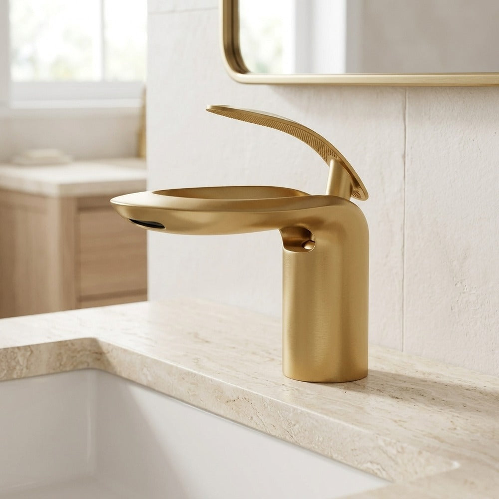 Lagomel waterfall single-hole bathroom faucet, set in a Modern/Minimalist bathroom