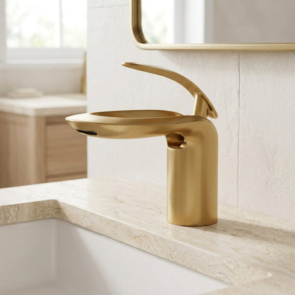 Lagomel waterfall single-hole bathroom faucet, set in a Modern/Minimalist bathroom
