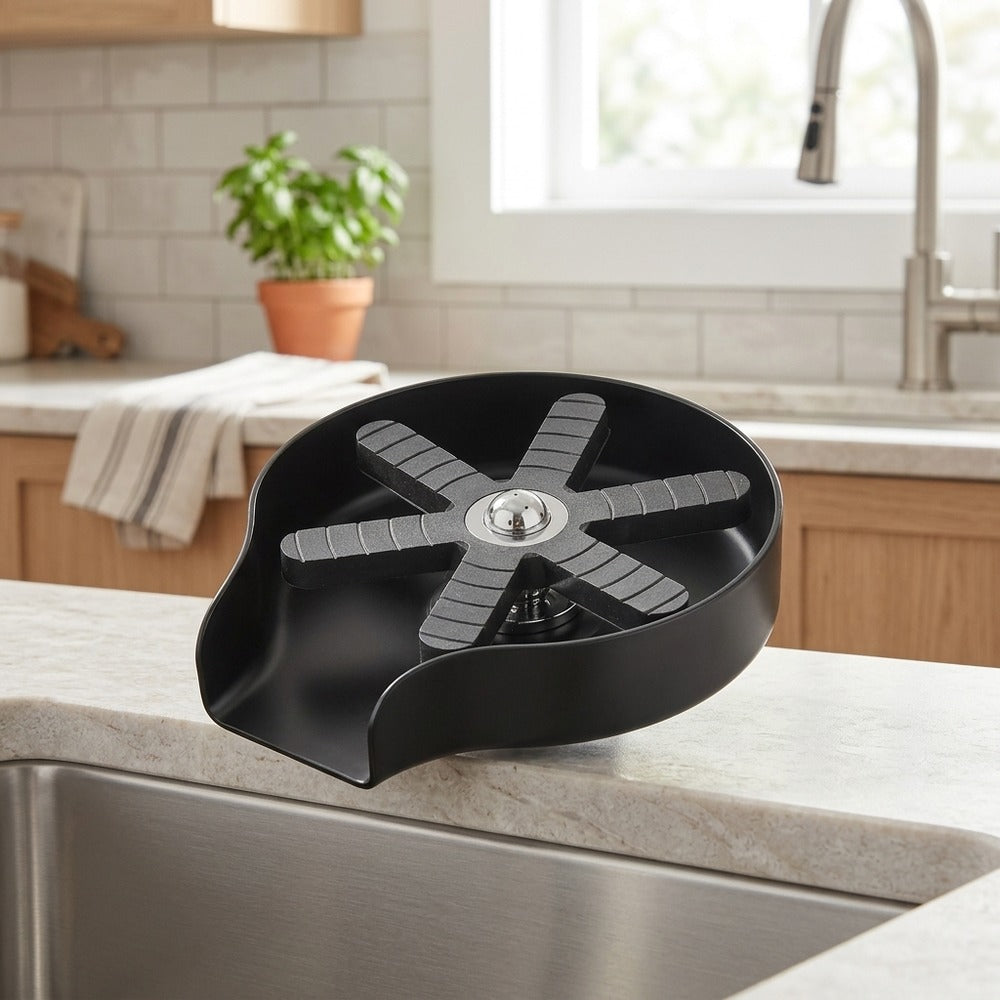 Lagomel glass rinser in matte black, brushed nickel, gunmetal, set in a Modern kitchen