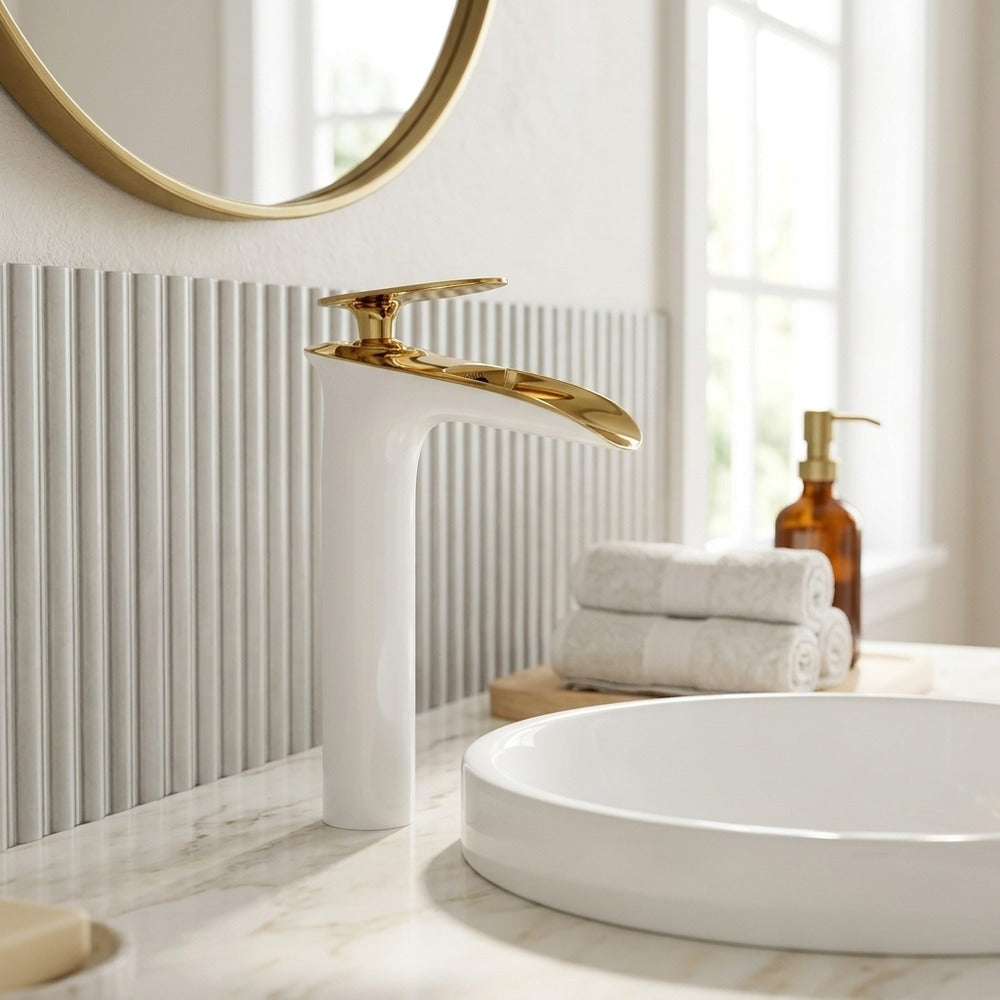 Lagomel single-hole waterfall vessel sink faucet, set in a Modern/Contemporary bathroom