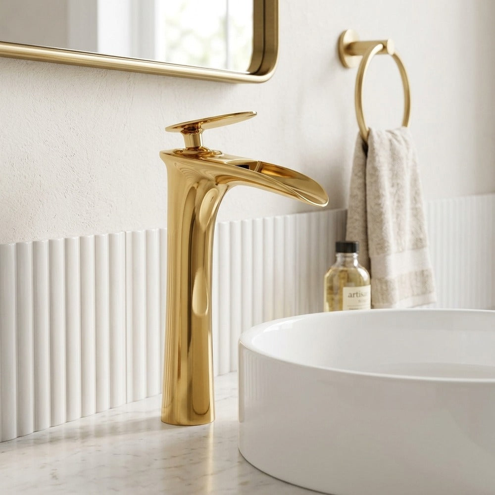 Lagomel single-hole waterfall vessel sink faucet, set in a Modern/Contemporary bathroom