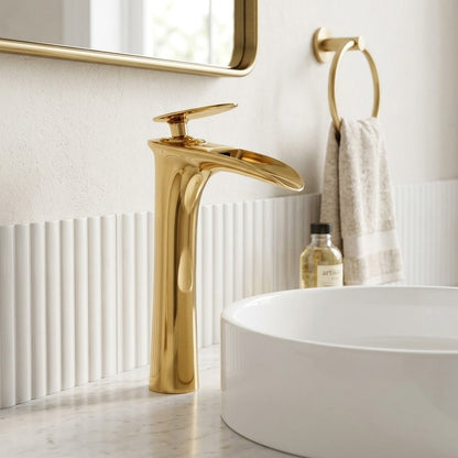 Lagomel single-hole waterfall vessel sink faucet, set in a Modern/Contemporary bathroom