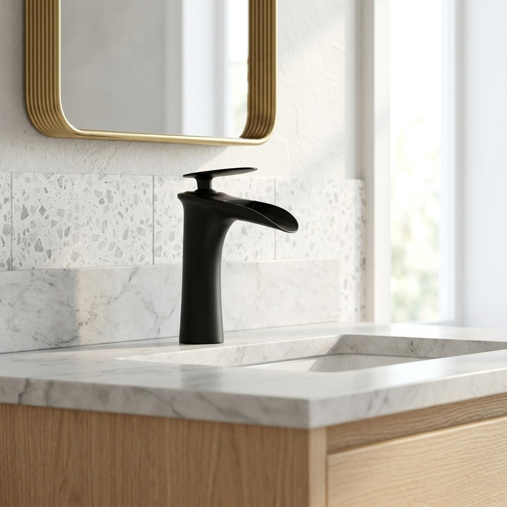 Lagomel single-hole waterfall vessel sink faucet, set in a Modern/Contemporary bathroom