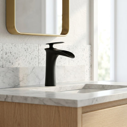 Lagomel single-hole waterfall vessel sink faucet, set in a Modern/Contemporary bathroom